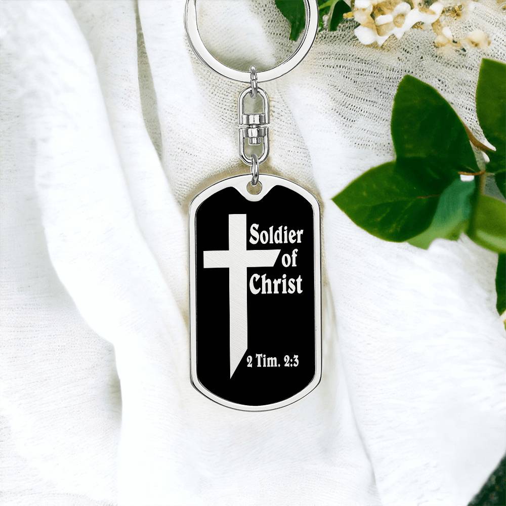 Soldier of Christ 2 Tim 2:3 Bible Keychain Stainless Steel or 18k Gold Dog Tag-Express Your Love Gifts
