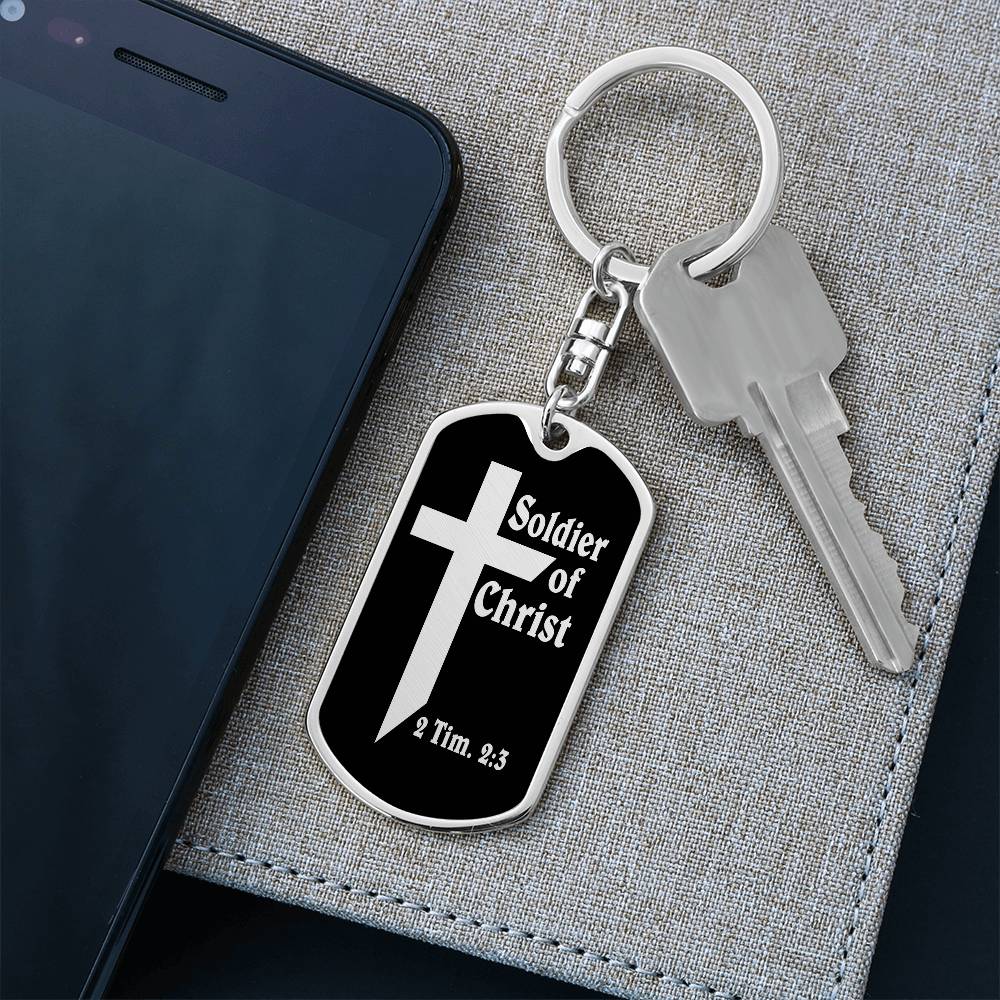 Soldier of Christ 2 Tim 2:3 Bible Keychain Stainless Steel or 18k Gold Dog Tag-Express Your Love Gifts
