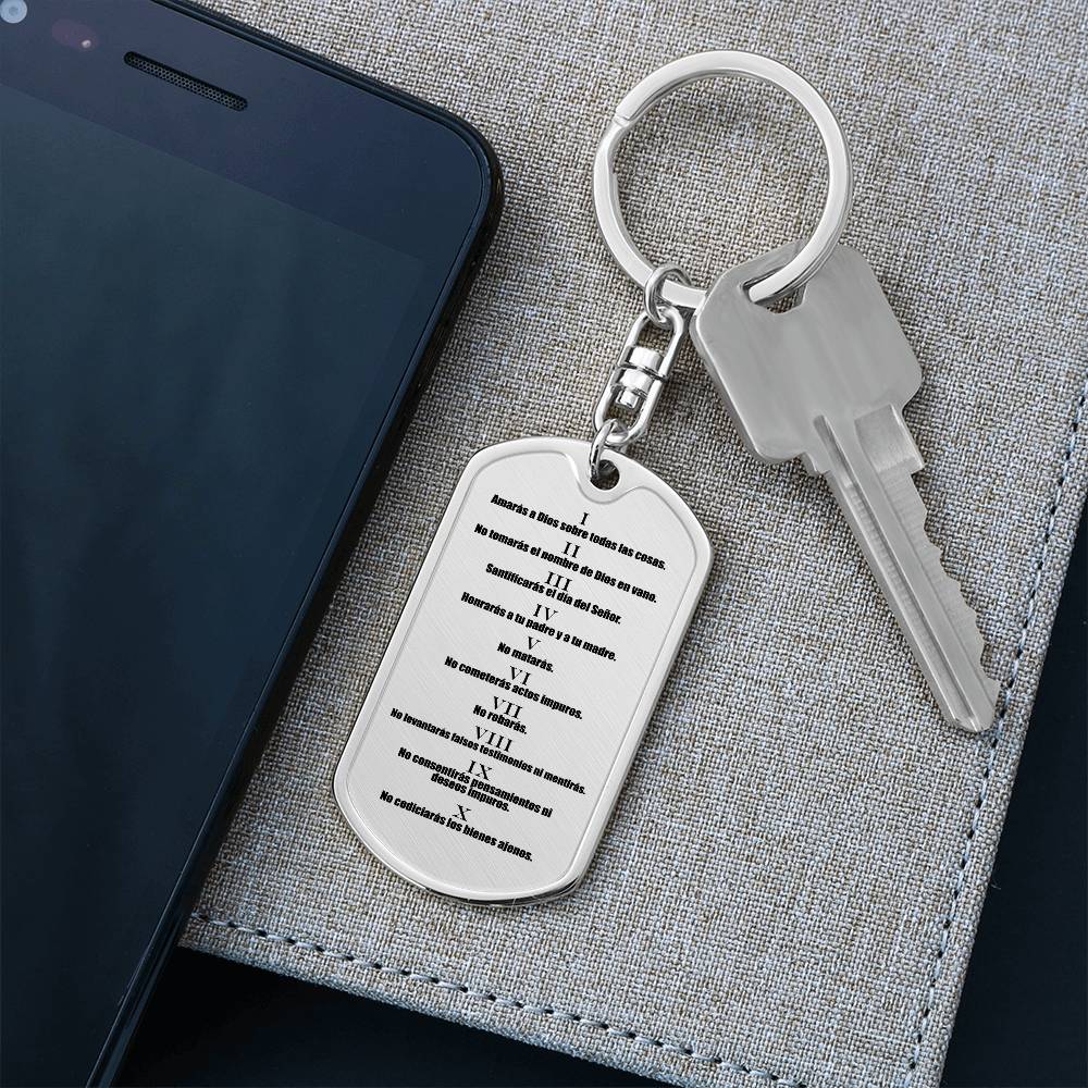 Ten Commandments Spanish Diez Mandamientos Bible Keychain Stainless Steel or 18k Gold Dog Tag-Express Your Love Gifts