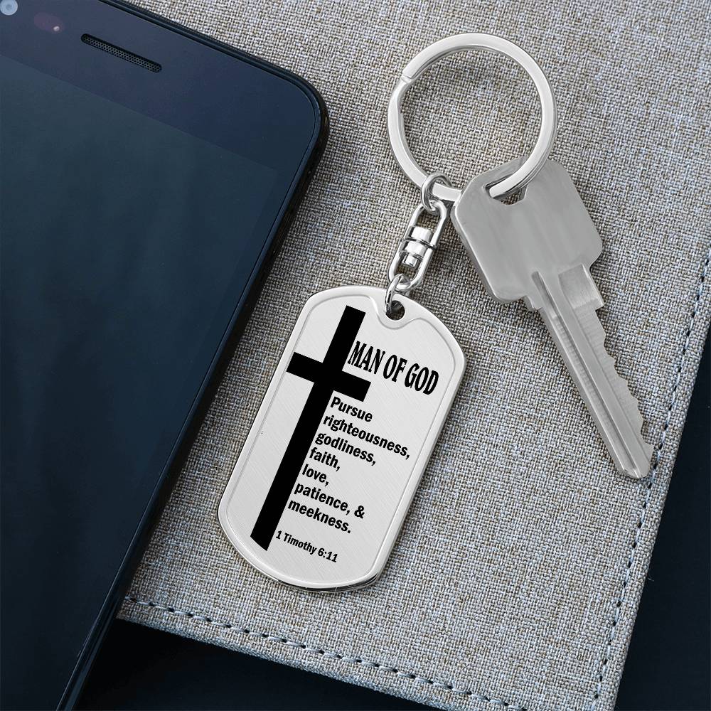 Man of God Pursuing 1 Timothy 6:11 Bible Keychain Stainless Steel or 18k Gold Dog Tag-Express Your Love Gifts