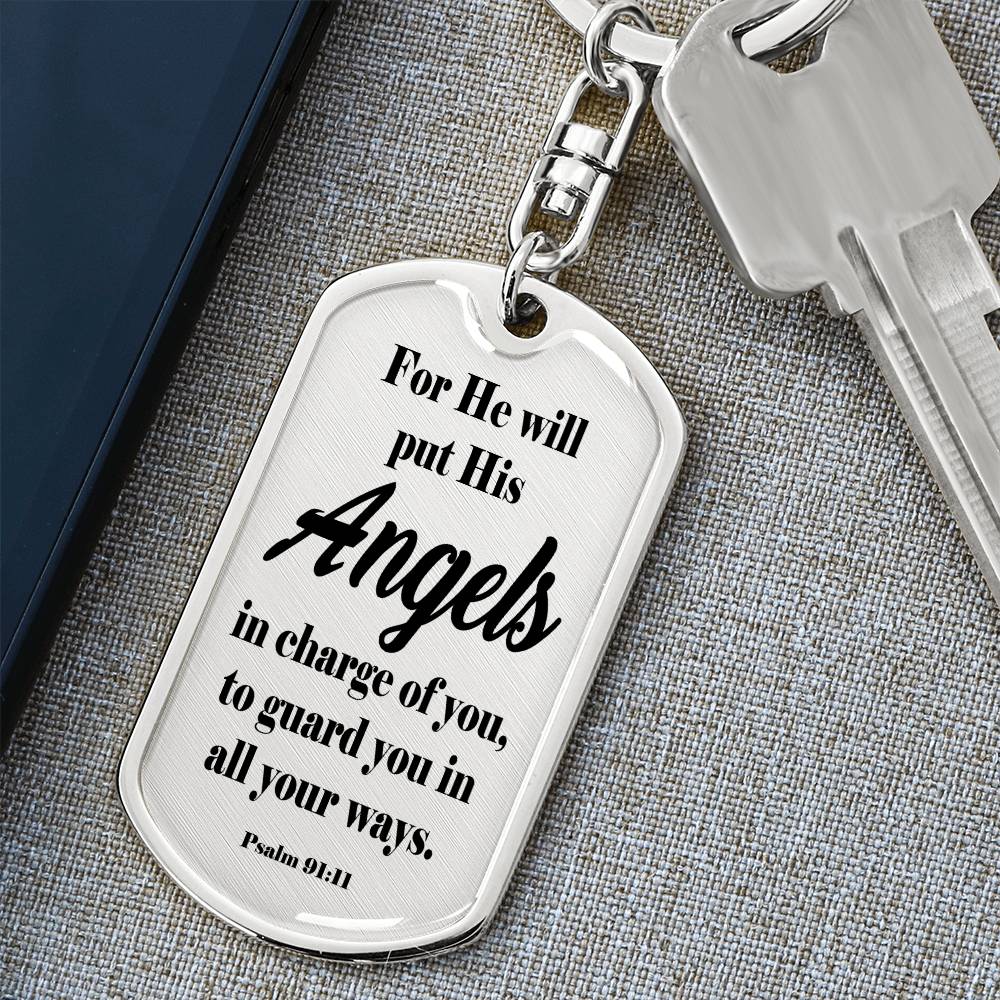Angels Protect Psalm 91:11 Swivel Keychain Stainless Steel or 18k Gold Dog Tag-Express Your Love Gifts