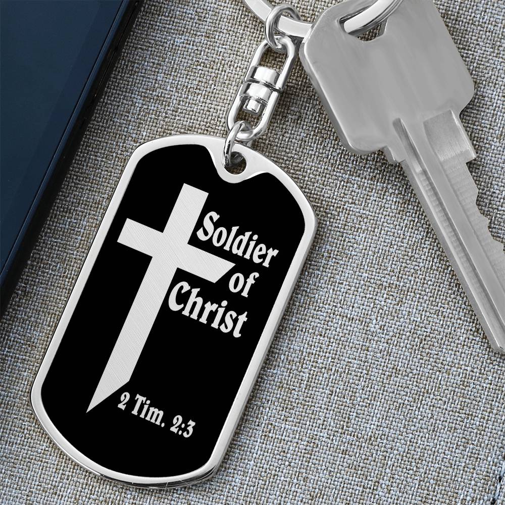 Soldier of Christ 2 Tim 2:3 Bible Keychain Stainless Steel or 18k Gold Dog Tag-Express Your Love Gifts