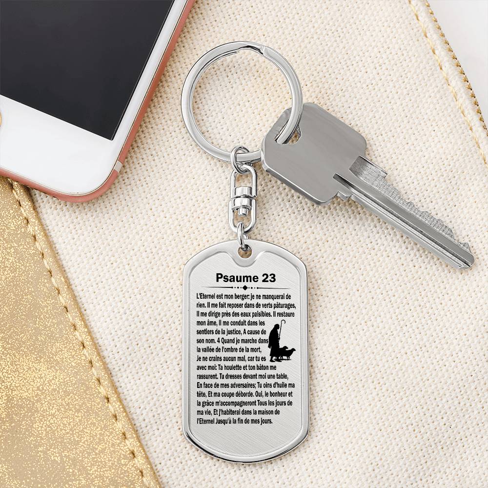 Psalm 23 French Psaume 23 Bible Keychain Stainless Steel or 18k Gold Dog Tag-Express Your Love Gifts