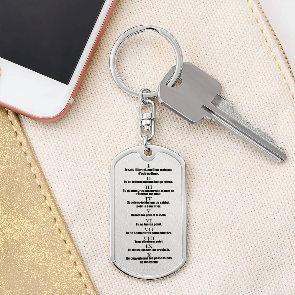 Ten Commandments French Dix Commandements Bible Keychain Stainless Steel or 18k Gold Dog Tag-Express Your Love Gifts