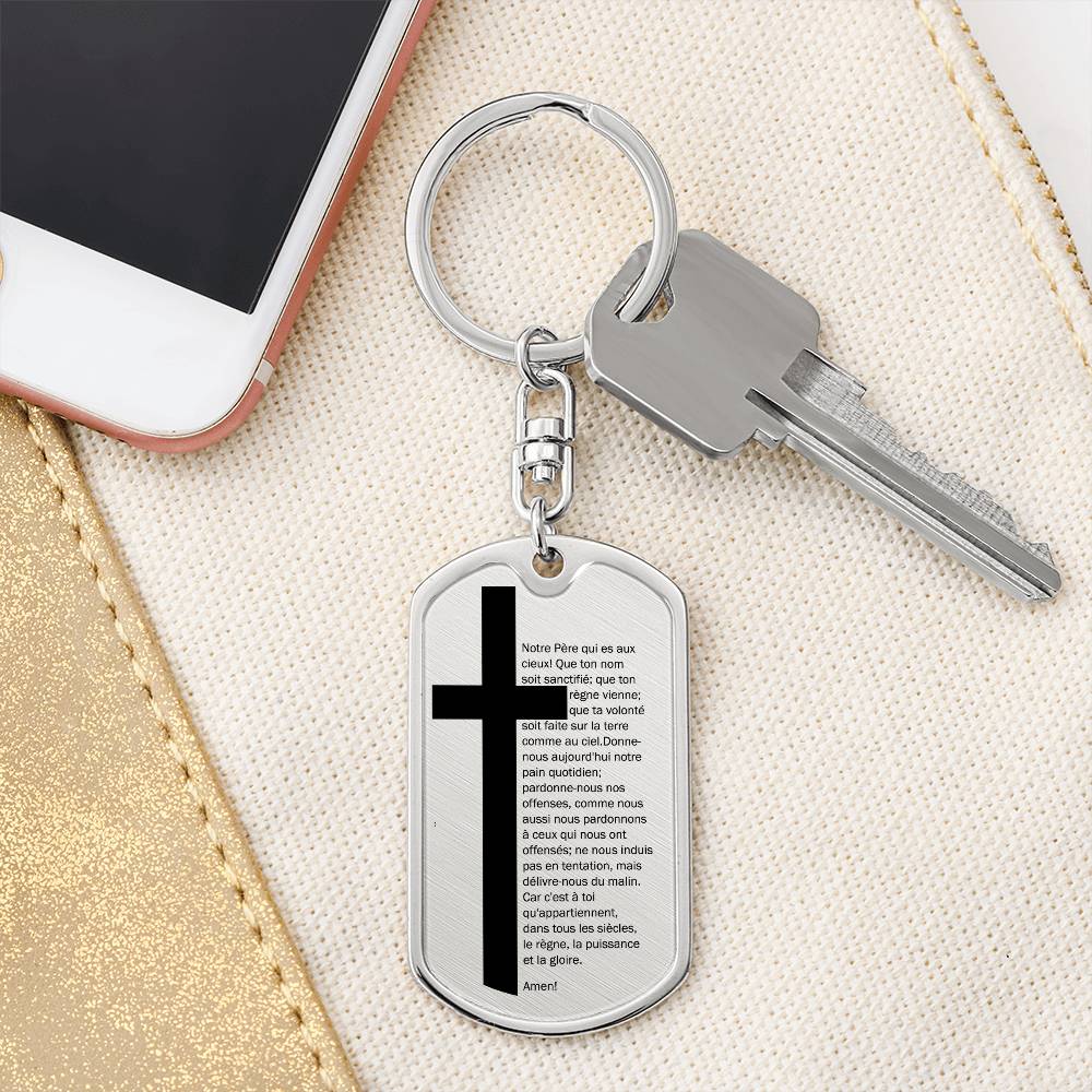 Lord's Prayer French Notre Père Bible Keychain Stainless Steel or 18k Gold Dog Tag-Express Your Love Gifts