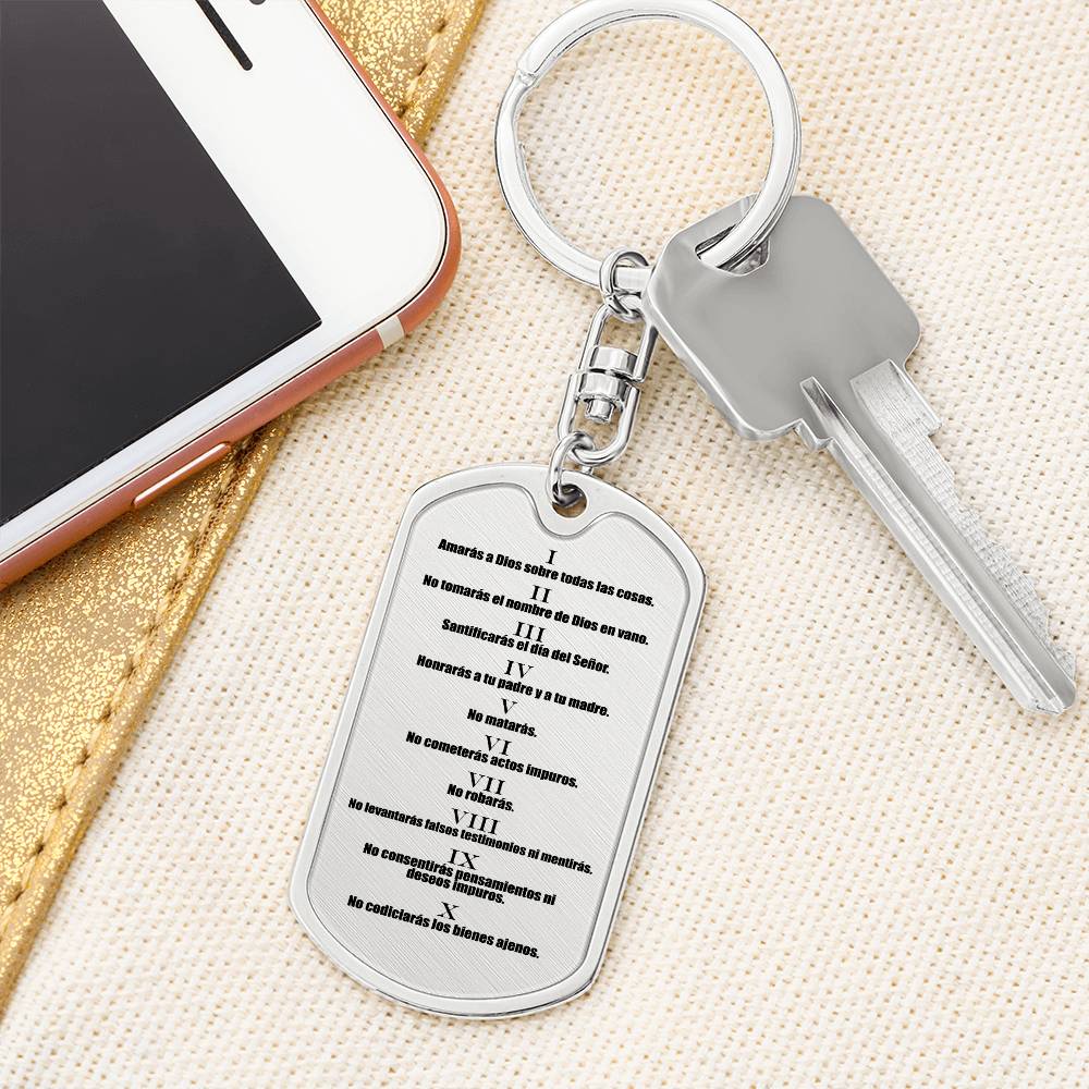 Ten Commandments Spanish Diez Mandamientos Bible Keychain Stainless Steel or 18k Gold Dog Tag-Express Your Love Gifts
