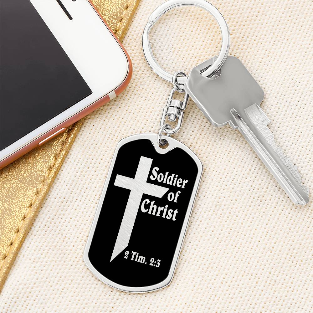 Soldier of Christ 2 Tim 2:3 Bible Keychain Stainless Steel or 18k Gold Dog Tag-Express Your Love Gifts