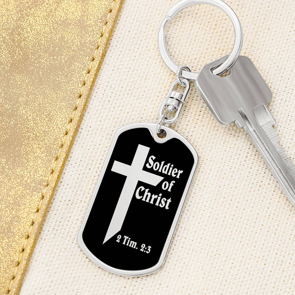 Soldier of Christ 2 Tim 2:3 Bible Keychain Stainless Steel or 18k Gold Dog Tag-Express Your Love Gifts