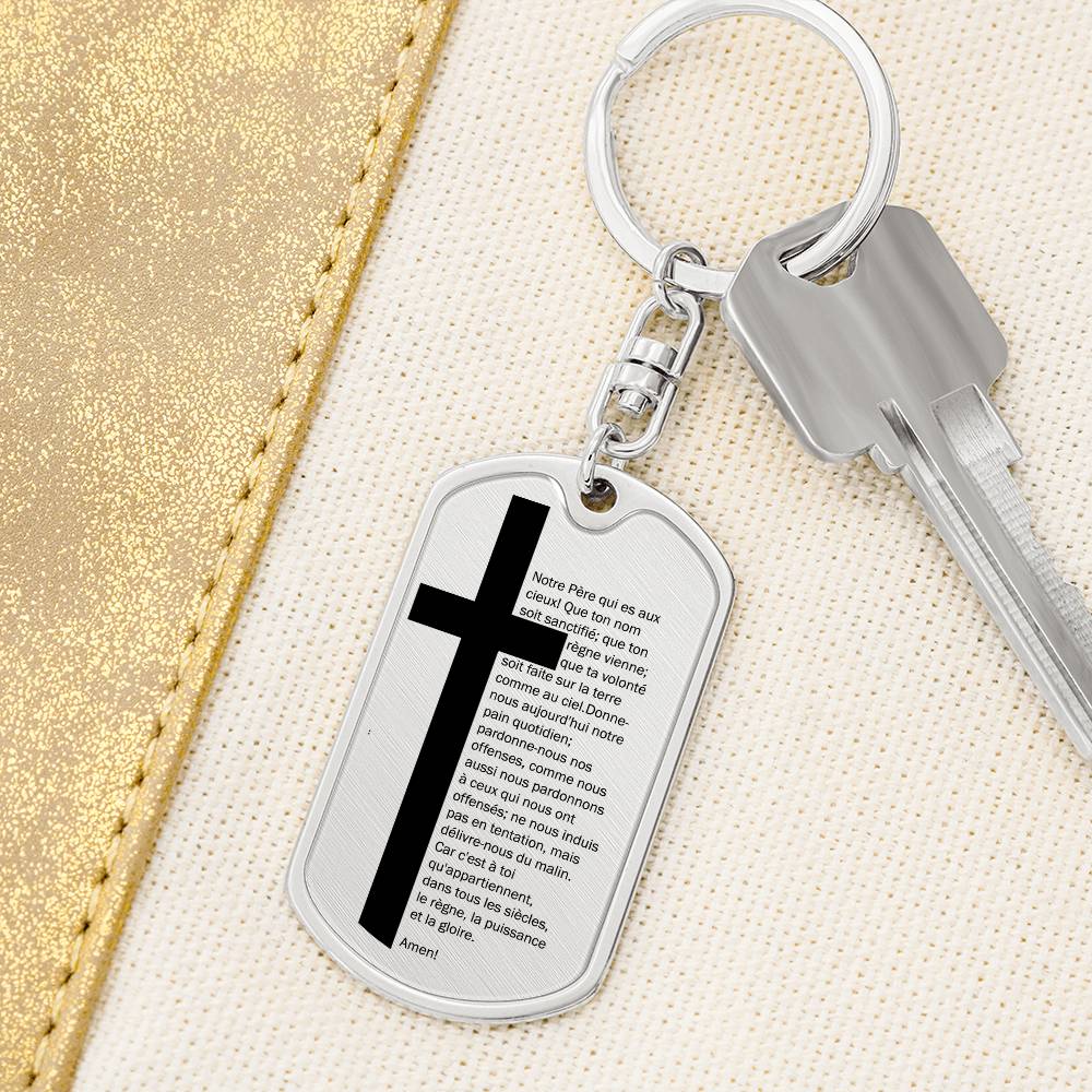 Lord's Prayer French Notre Père Bible Keychain Stainless Steel or 18k Gold Dog Tag-Express Your Love Gifts