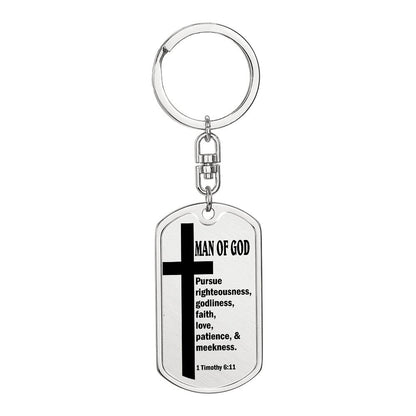 Man of God Pursuing 1 Timothy 6:11 Bible Keychain Stainless Steel or 18k Gold Dog Tag-Express Your Love Gifts