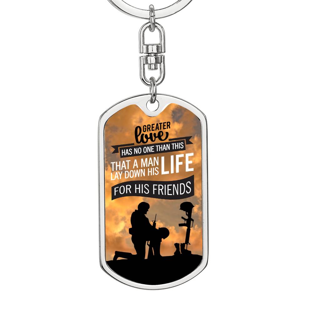 No Greater Love John 15:13 Soldier Kneeling Keychain Stainless Steel or 18k Gold Dog Tag Keyring-Express Your Love Gifts
