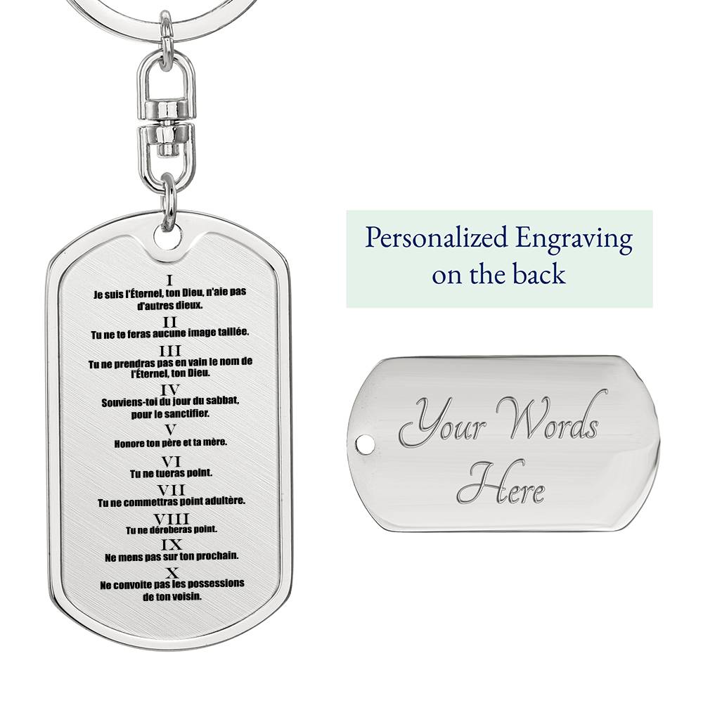 Ten Commandments French Dix Commandements Bible Keychain Stainless Steel or 18k Gold Dog Tag-Express Your Love Gifts