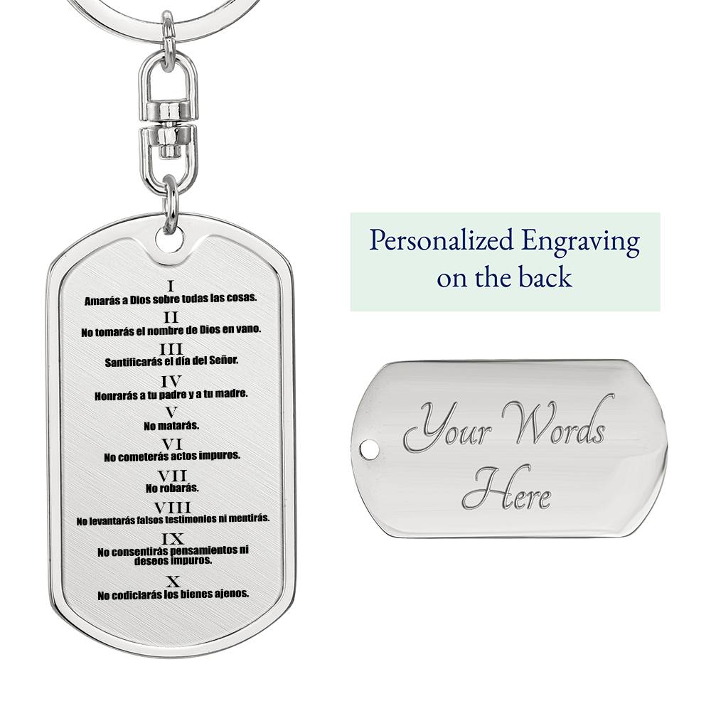 Ten Commandments Spanish Diez Mandamientos Bible Keychain Stainless Steel or 18k Gold Dog Tag-Express Your Love Gifts