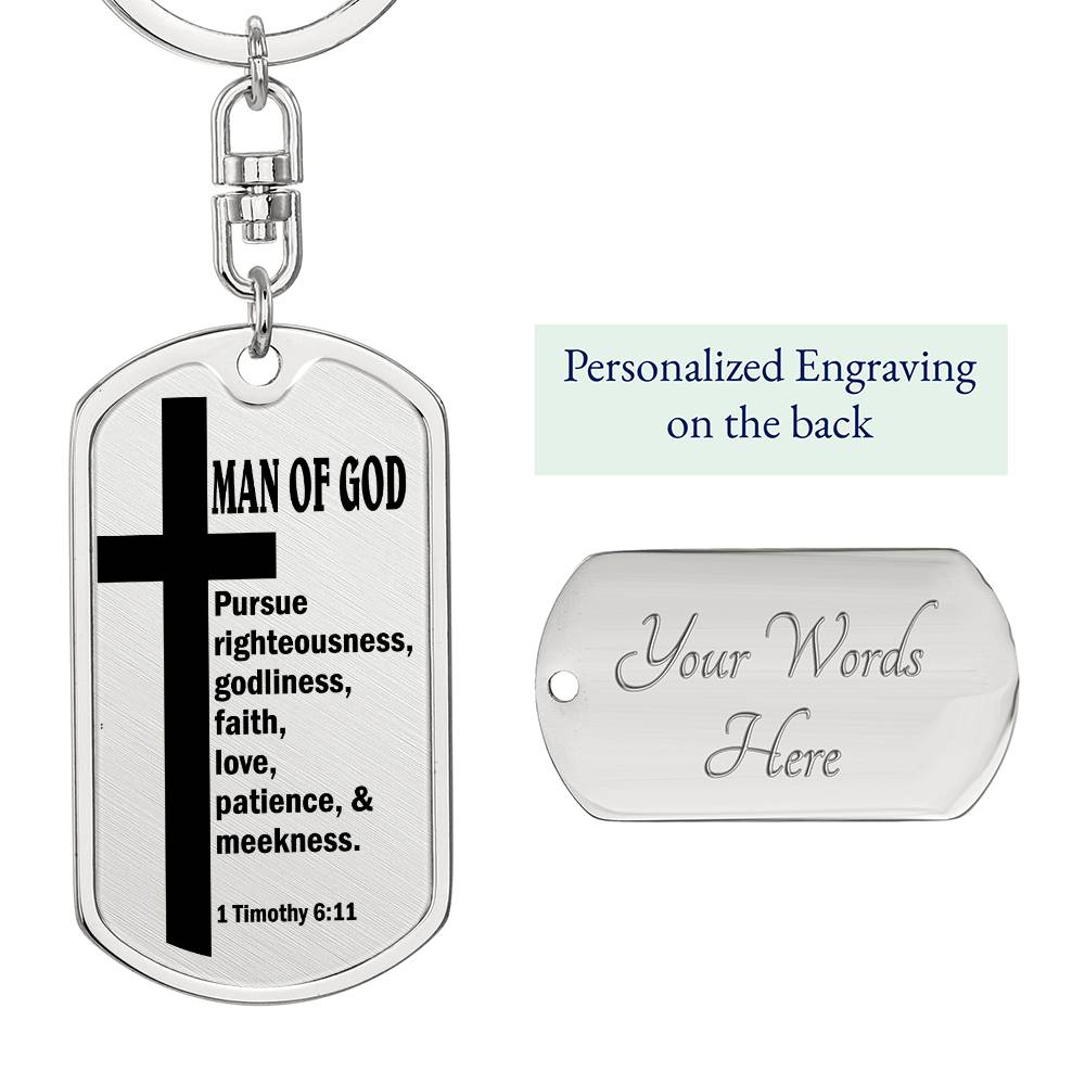 Man of God Pursuing 1 Timothy 6:11 Bible Keychain Stainless Steel or 18k Gold Dog Tag-Express Your Love Gifts