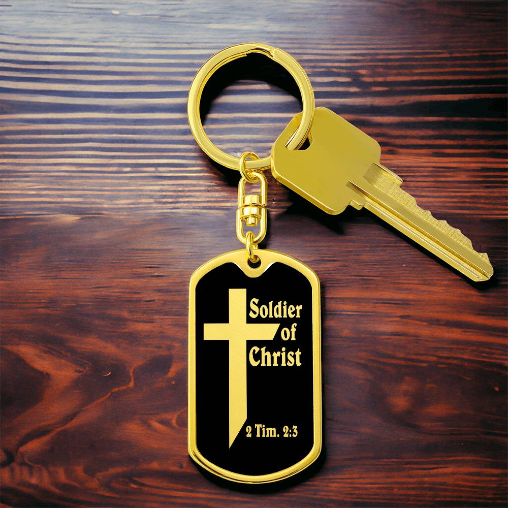 Soldier of Christ 2 Tim 2:3 Bible Keychain Stainless Steel or 18k Gold Dog Tag-Express Your Love Gifts