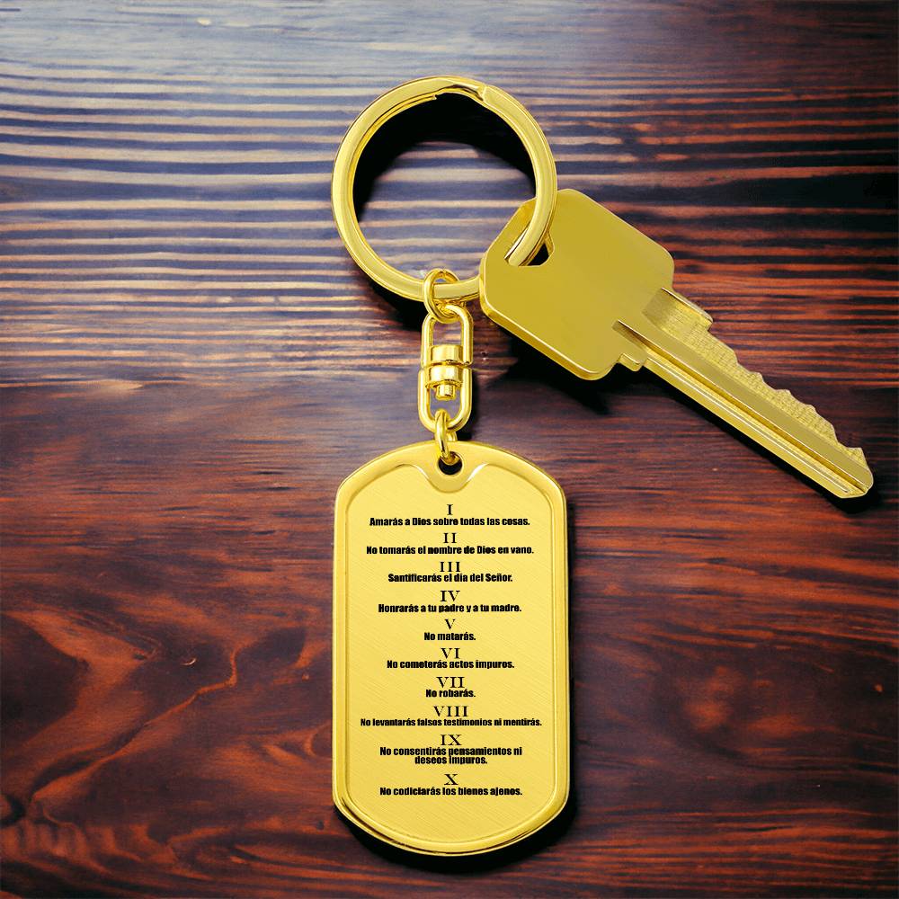 Ten Commandments Spanish Diez Mandamientos Bible Keychain Stainless Steel or 18k Gold Dog Tag-Express Your Love Gifts