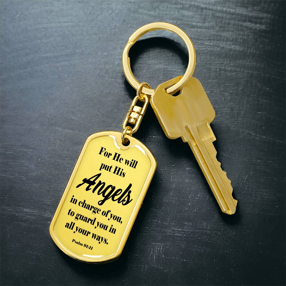 Angels Protect Psalm 91:11 Swivel Keychain Stainless Steel or 18k Gold Dog Tag-Express Your Love Gifts