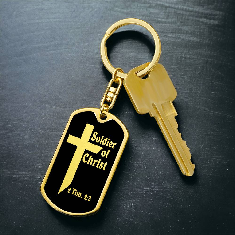 Soldier of Christ 2 Tim 2:3 Bible Keychain Stainless Steel or 18k Gold Dog Tag-Express Your Love Gifts