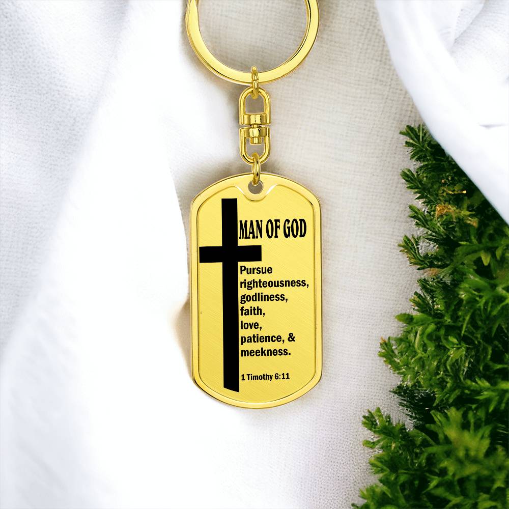 Man of God Pursuing 1 Timothy 6:11 Bible Keychain Stainless Steel or 18k Gold Dog Tag-Express Your Love Gifts