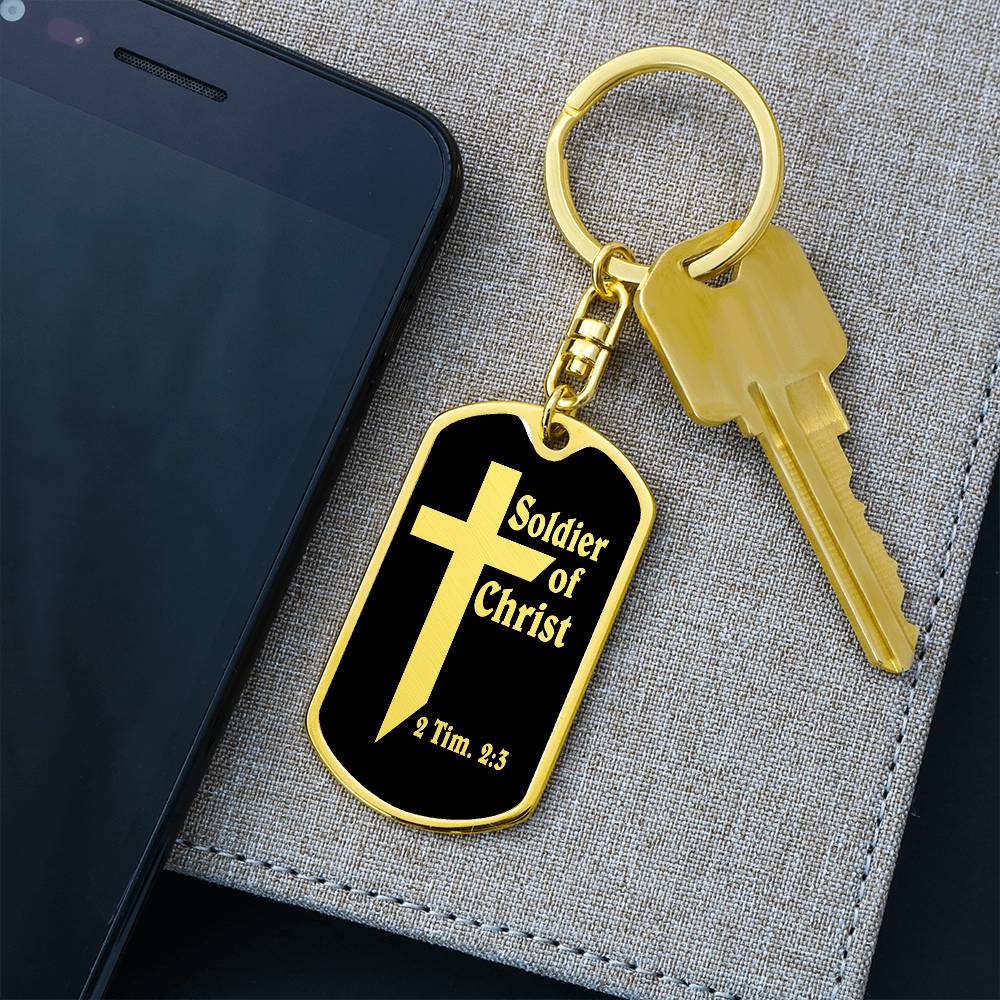 Soldier of Christ 2 Tim 2:3 Bible Keychain Stainless Steel or 18k Gold Dog Tag-Express Your Love Gifts