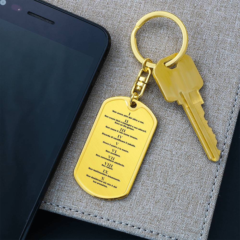 Ten Commandments Italian Dieci Comandamenti Bible Keychain Stainless Steel or 18k Gold Dog Tag-Express Your Love Gifts