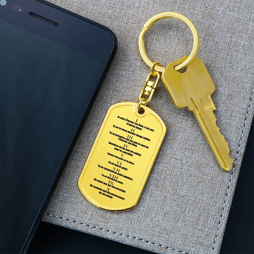 Ten Commandments French Dix Commandements Bible Keychain Stainless Steel or 18k Gold Dog Tag-Express Your Love Gifts