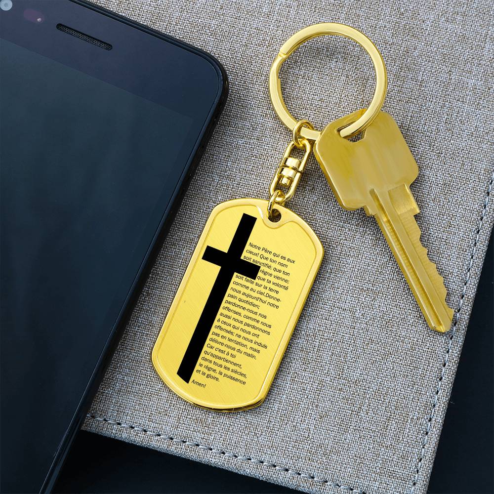 Lord's Prayer French Notre Père Bible Keychain Stainless Steel or 18k Gold Dog Tag-Express Your Love Gifts