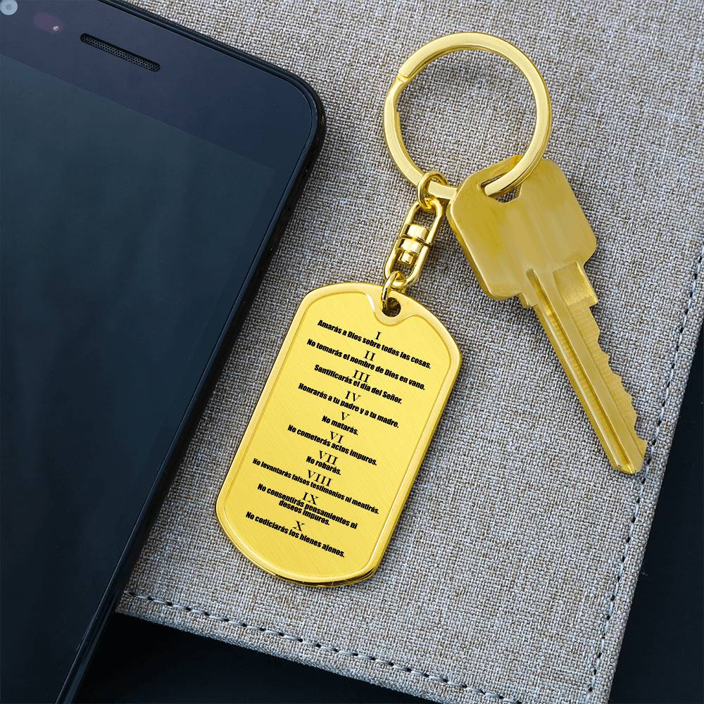 Ten Commandments Spanish Diez Mandamientos Bible Keychain Stainless Steel or 18k Gold Dog Tag-Express Your Love Gifts