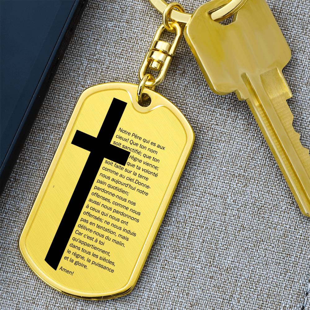 Lord's Prayer French Notre Père Bible Keychain Stainless Steel or 18k Gold Dog Tag-Express Your Love Gifts