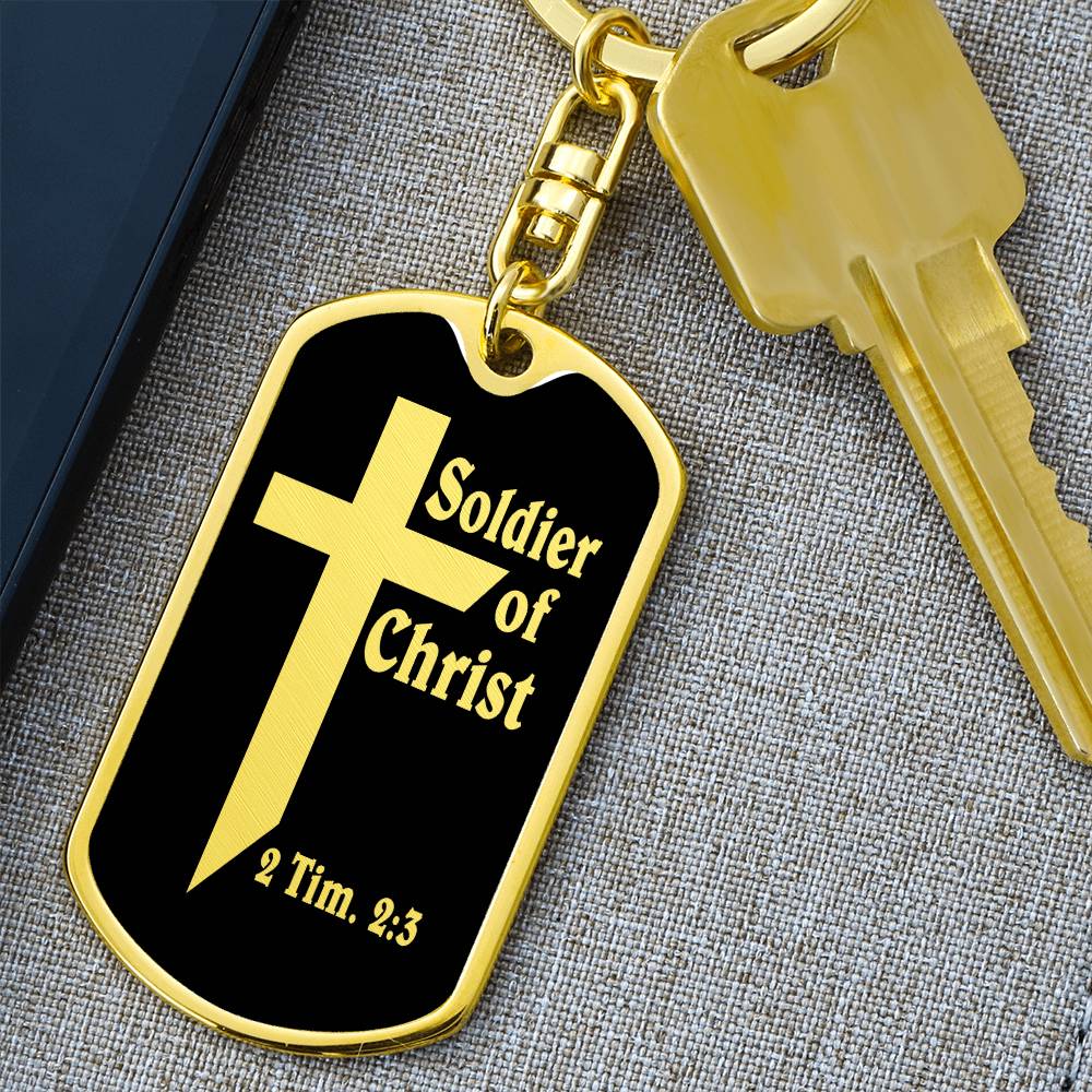 Soldier of Christ 2 Tim 2:3 Bible Keychain Stainless Steel or 18k Gold Dog Tag-Express Your Love Gifts