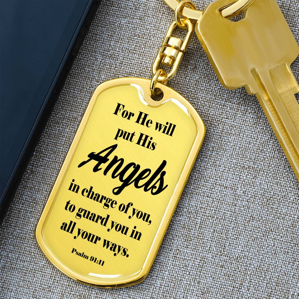 Angels Protect Psalm 91:11 Swivel Keychain Stainless Steel or 18k Gold Dog Tag-Express Your Love Gifts