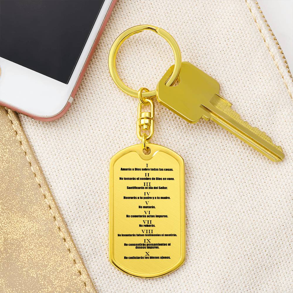 Ten Commandments Spanish Diez Mandamientos Bible Keychain Stainless Steel or 18k Gold Dog Tag-Express Your Love Gifts