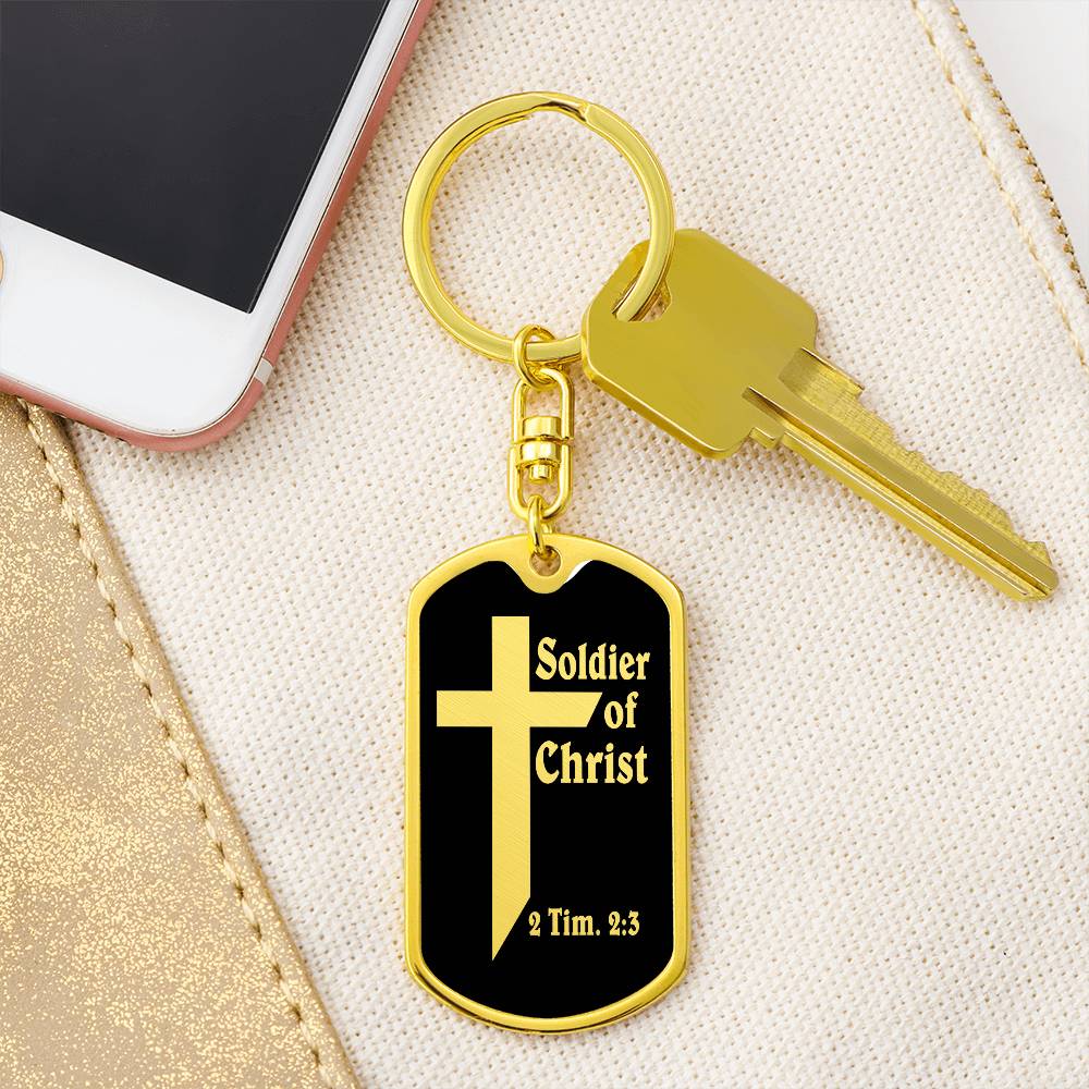 Soldier of Christ 2 Tim 2:3 Bible Keychain Stainless Steel or 18k Gold Dog Tag-Express Your Love Gifts