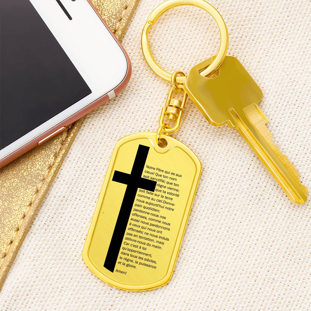 Lord's Prayer French Notre Père Bible Keychain Stainless Steel or 18k Gold Dog Tag-Express Your Love Gifts