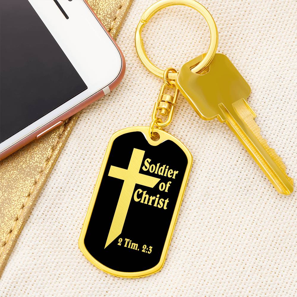 Soldier of Christ 2 Tim 2:3 Bible Keychain Stainless Steel or 18k Gold Dog Tag-Express Your Love Gifts