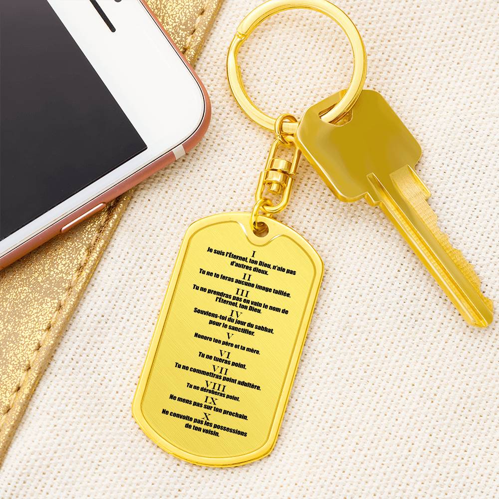 Ten Commandments French Dix Commandements Bible Keychain Stainless Steel or 18k Gold Dog Tag-Express Your Love Gifts