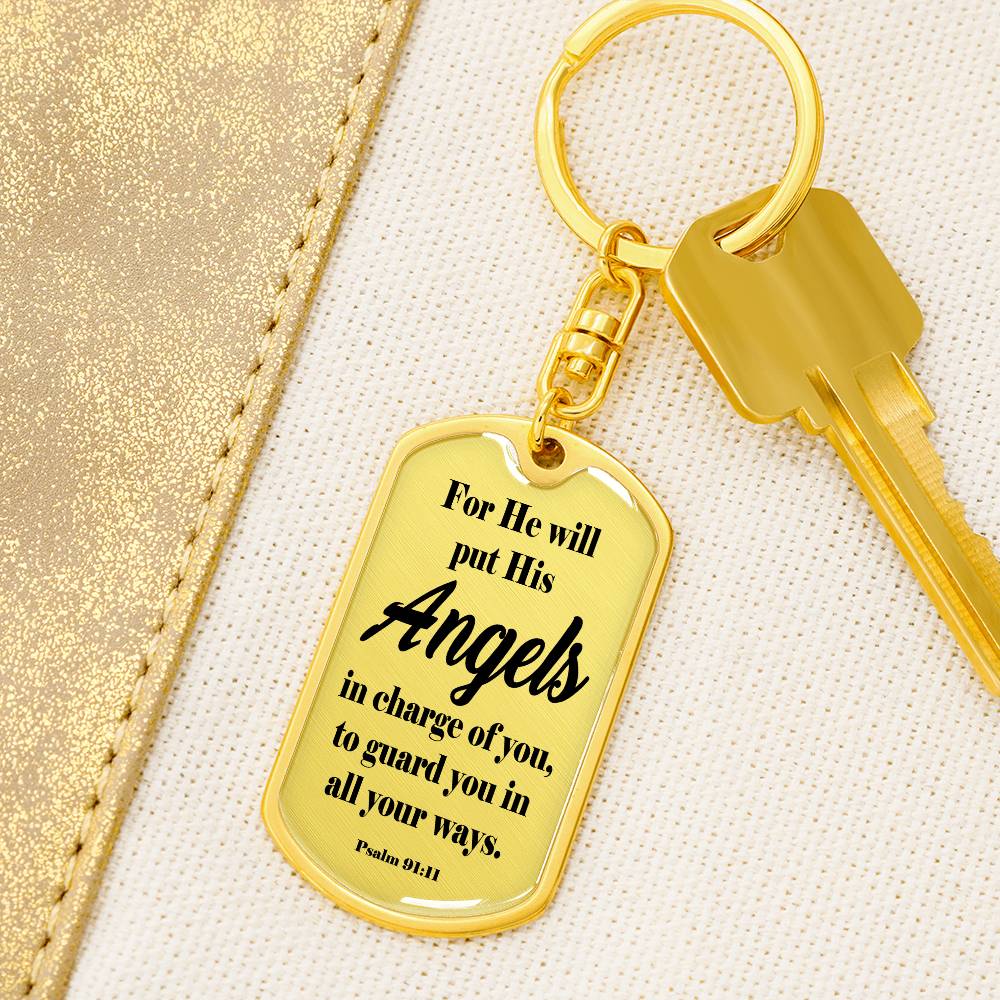 Angels Protect Psalm 91:11 Swivel Keychain Stainless Steel or 18k Gold Dog Tag-Express Your Love Gifts