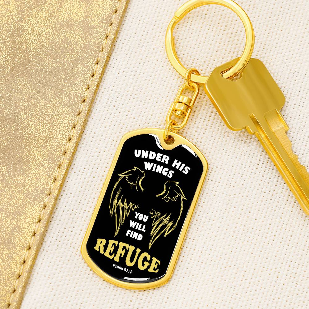 Psalm 91 Refuge Under His Wings Swivel Keychain Stainless Steel or 18k Gold Dog Tag-Express Your Love Gifts
