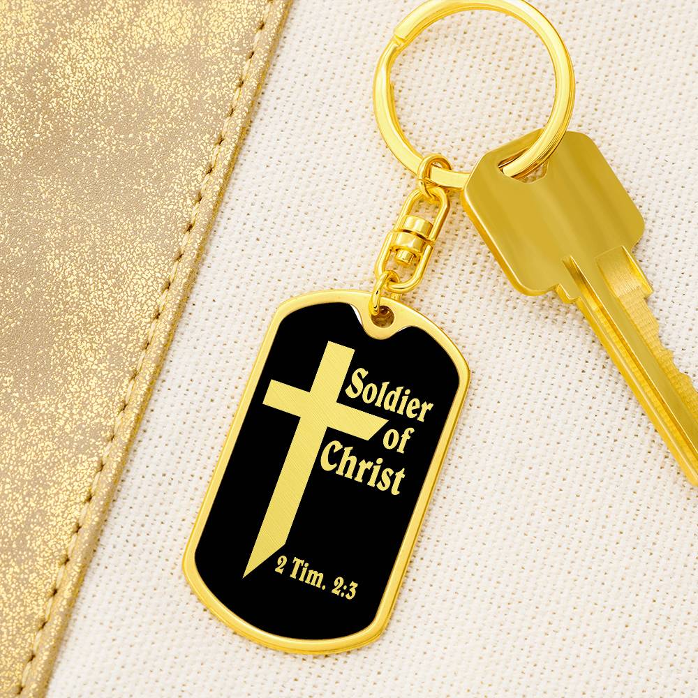 Soldier of Christ 2 Tim 2:3 Bible Keychain Stainless Steel or 18k Gold Dog Tag-Express Your Love Gifts