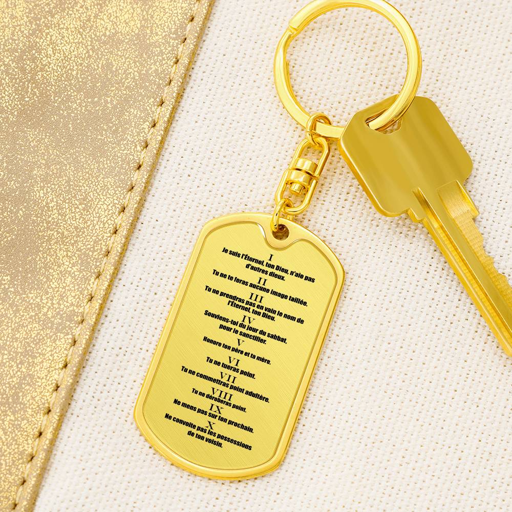 Ten Commandments French Dix Commandements Bible Keychain Stainless Steel or 18k Gold Dog Tag-Express Your Love Gifts