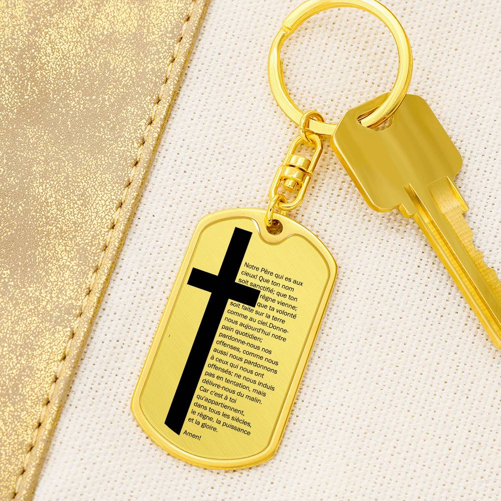 Lord's Prayer French Notre Père Bible Keychain Stainless Steel or 18k Gold Dog Tag-Express Your Love Gifts