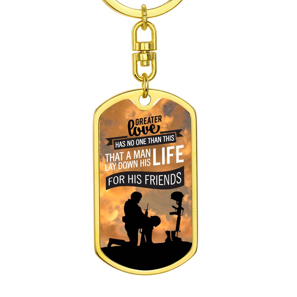No Greater Love John 15:13 Soldier Kneeling Keychain Stainless Steel or 18k Gold Dog Tag Keyring-Express Your Love Gifts