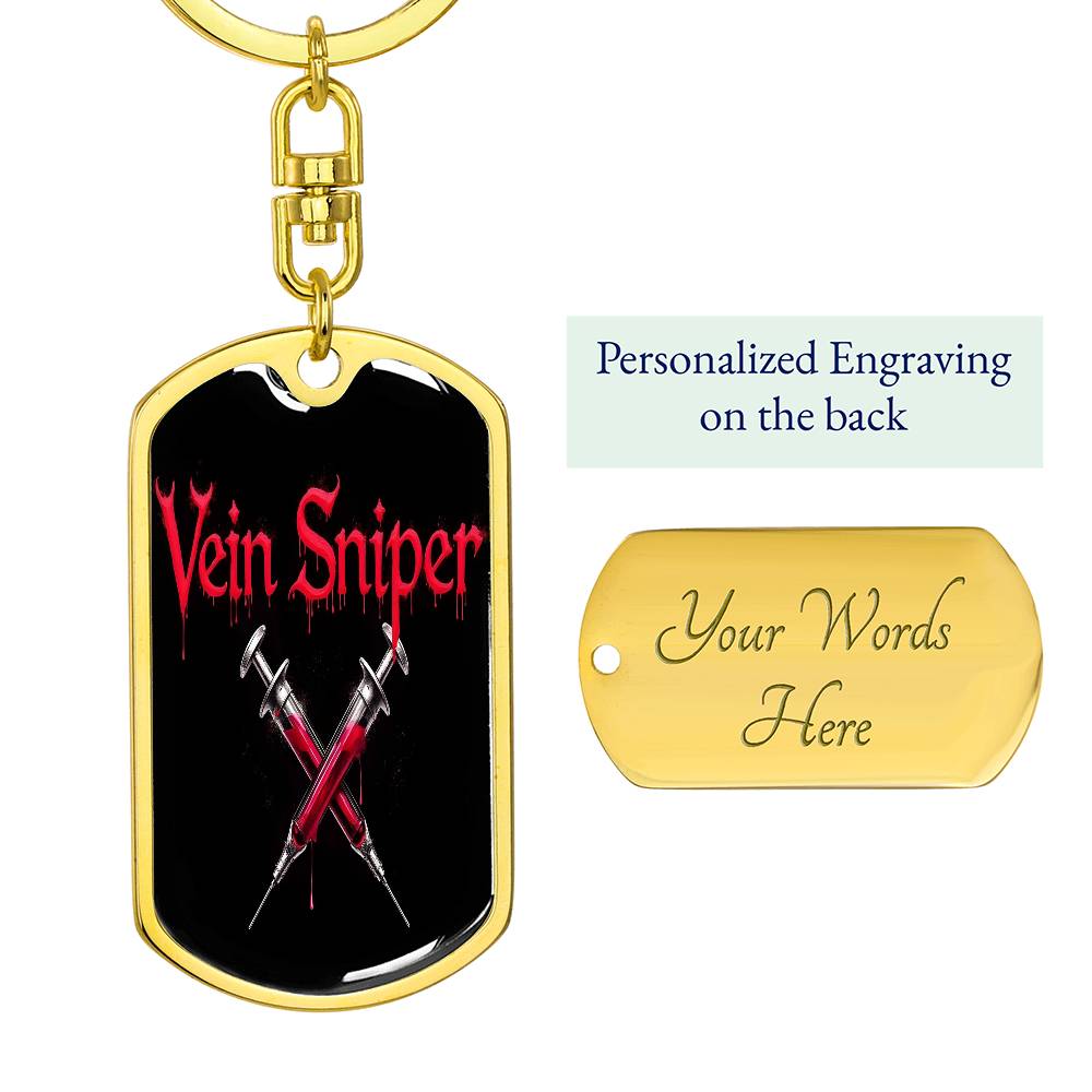 Vein Sniper Phlebotomist Swivel Keychain Stainless Steel or 18k Gold Dog Tag-Express Your Love Gifts