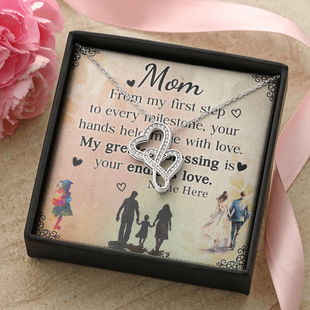 Personalized To Mom My Greatest Blessing is Your Love Eternal Hearts CZ Necklace 14K White Gold Over Stainless Steel-Express Your Love Gifts
