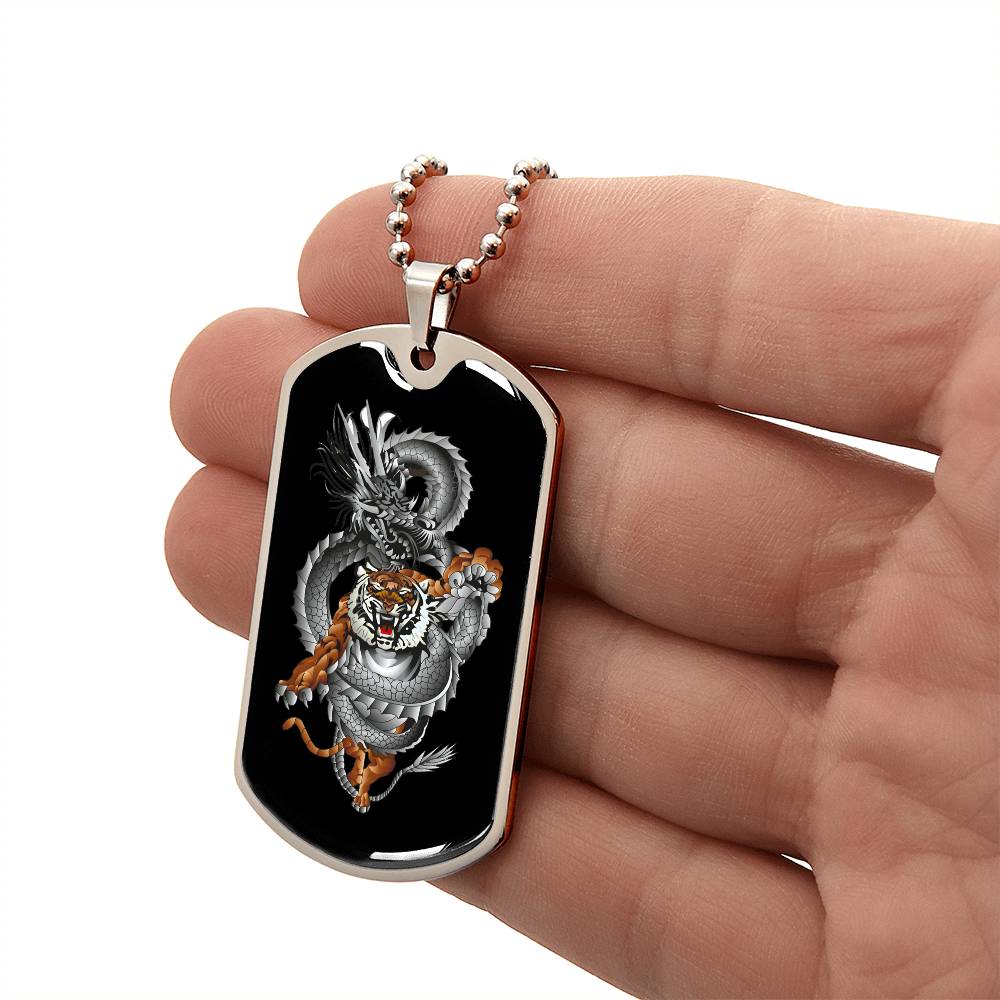 Tiger Dragon Yin Yang Necklace Dog Tag Stainless Steel or 18k Gold w 24" Chain-Express Your Love Gifts