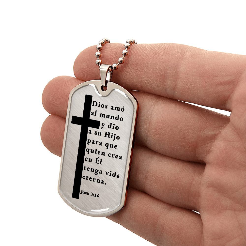 Juan 3:16 Spanish Necklace Stainless Steel or 18k Gold Dog Tag W 24"-Express Your Love Gifts