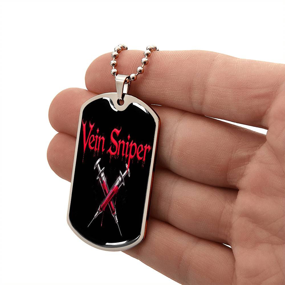Vein Sniper Phlebotomist Necklace Stainless Steel or 18k Gold Dog Tag 24"-Express Your Love Gifts