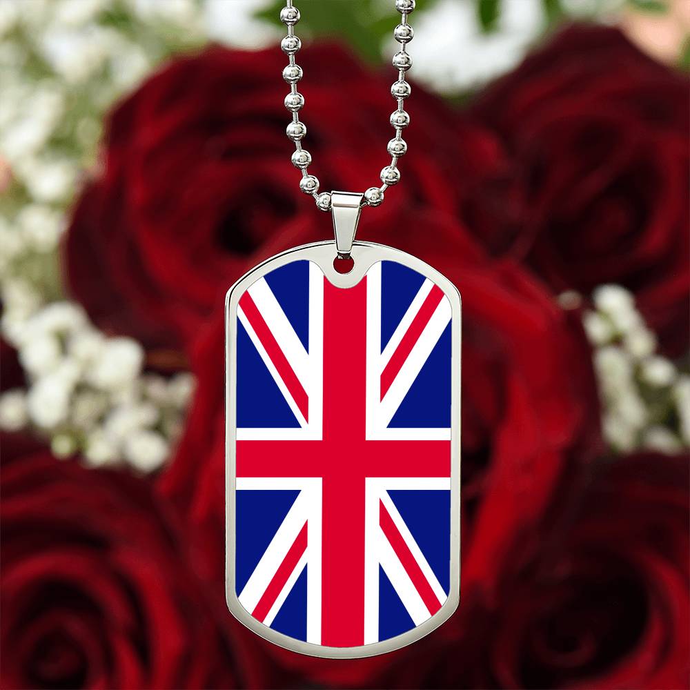 UK Flag Necklace Dog Tag Stainless Steel or 18k Gold 24" Chain-Express Your Love Gifts