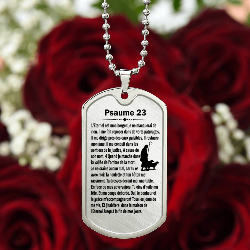 Psalm 23 French Psaume 23 Necklace Dog Tag Stainless Steel or 18k Gold w 24" Chain-Express Your Love Gifts
