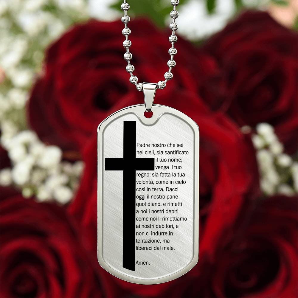 Lord's Prayer Italian Padre Nostro Necklace Dog Tag Stainless Steel or 18k Gold w 24" Chain-Express Your Love Gifts